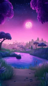 Vibrant moonlit river valley under a purple fantasy sky.
