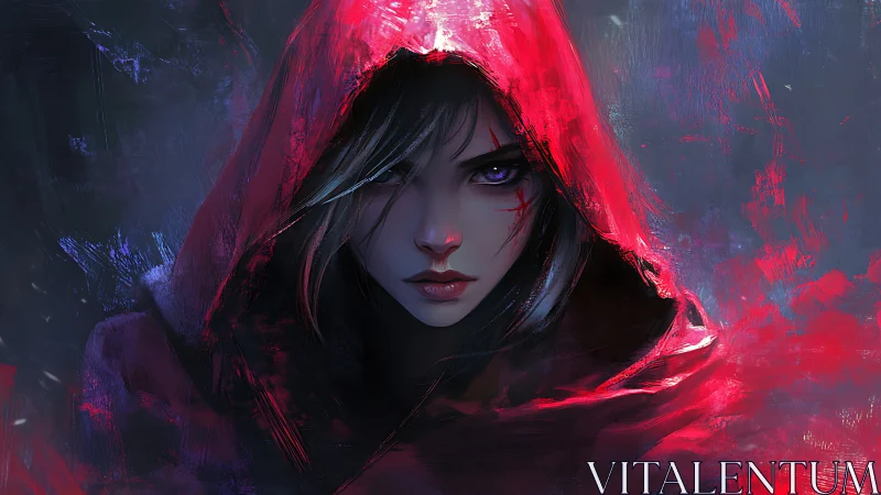 Red hooded figure with scarred face in digital portrait.