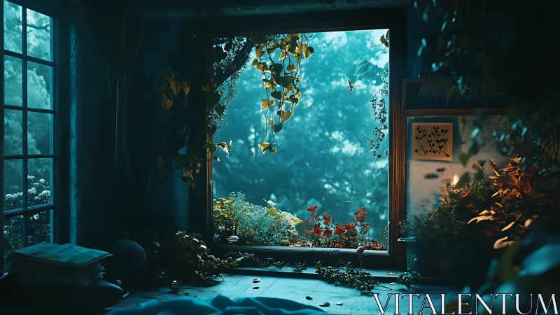 Nocturnal botanical windowscape with volumetric blue haze.