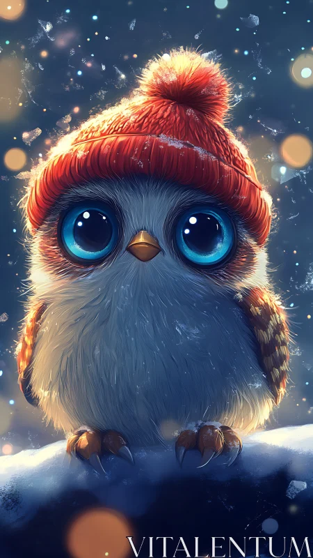 Cute winter owl with big blue eyes in red knit beanie hat.