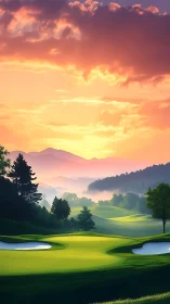 Sunset over rolling golf course with distant misty hills.