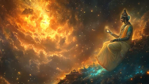 Celestial deity poised above a radiant cosmic skyline.