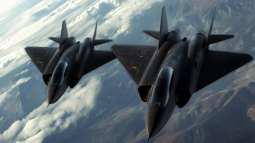 Twin stealth raptors carving shadow paths across heaven.