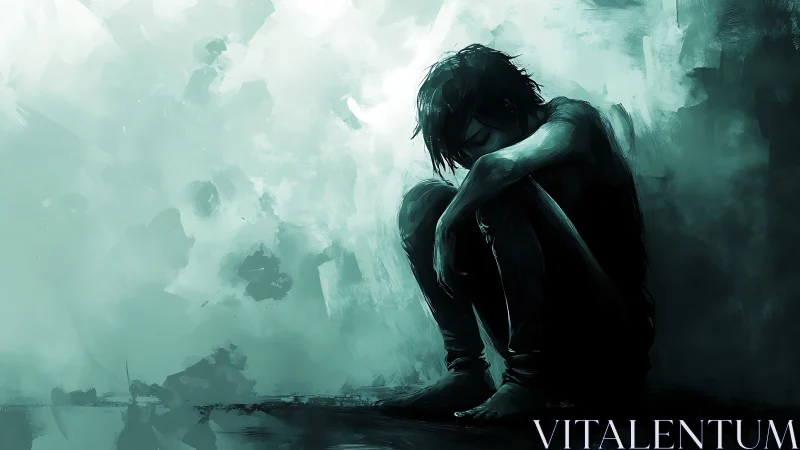 Monochrome digital painting depicts seated figure in desaturated teal