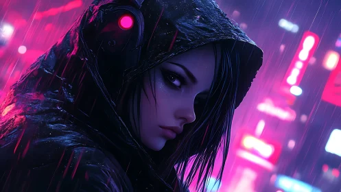 Cybernetic hooded figure in neon-lit rain-soaked cityscape.