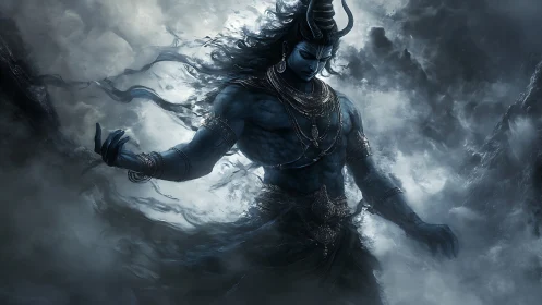 Stormlit blue deity walking through swirling mountain mist.