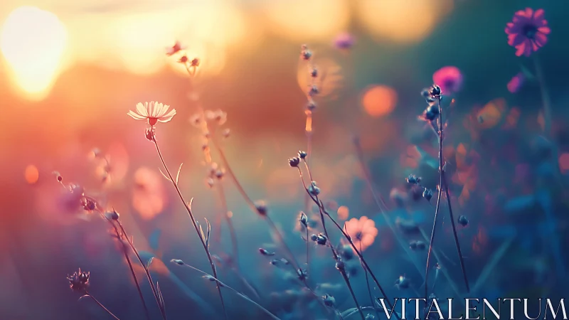 Backlit wildflowers in dreamy sunset bokeh fieldscape.