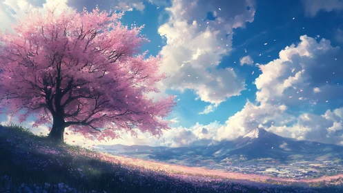 Solitary sakura tree overlooks luminous valley and distant peak