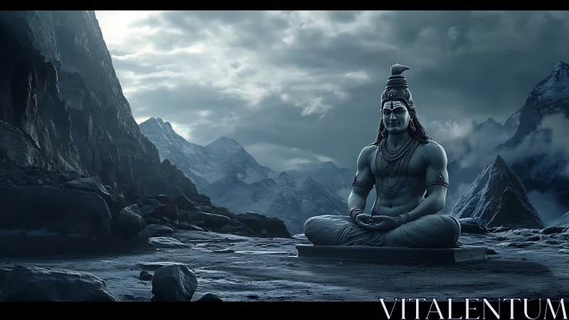 Serene stone deity sits meditating in frozen mountain pass