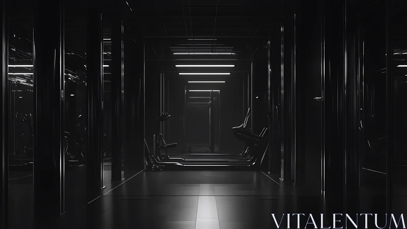Futuristic black gym corridor with glowing ceiling lights.