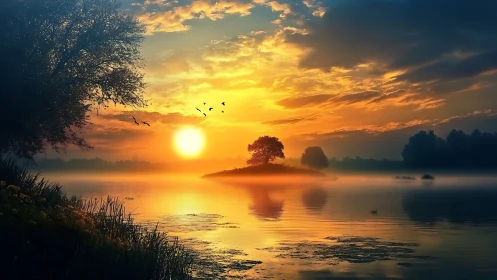 Sunlit mist over tranquil lake with silhouetted island trees.