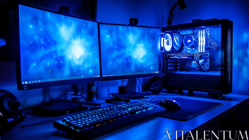 Dual-monitor gaming PC desk setup glows with blue LED lighting