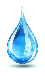 Glossy blue water droplet illustration with inner bubbles.