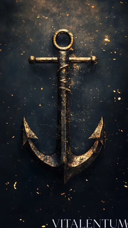 Weathered metallic anchor with ember sparks on dark backdrop