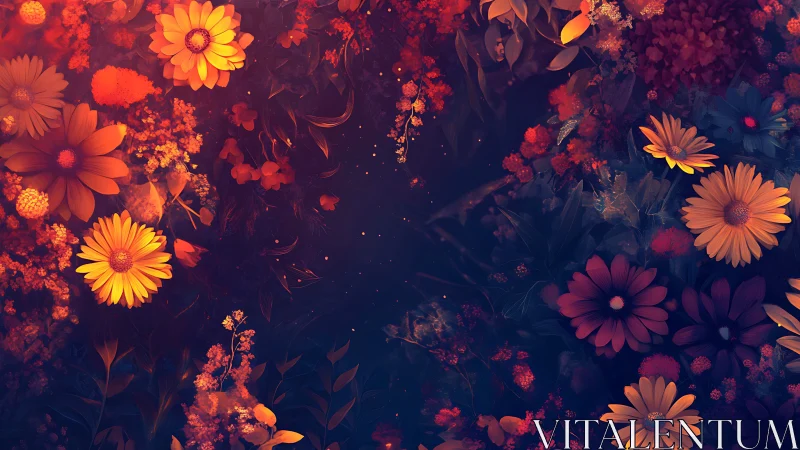 Digital composite floral arrangement with warm luminescent tones against dark background