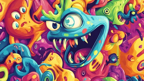 Vibrant cartoon monsters explode in a chaotic neon swirl