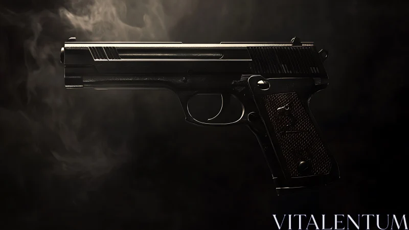 Black semi-automatic handgun rendered with dramatic side lighting