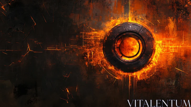 Central circular mechanical form emits radial orange energy