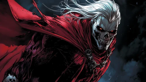 Undead warlord stalks stormlit night in scarlet shroud.