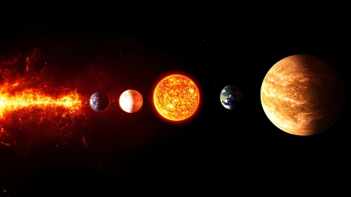 Stellar flare striking aligned planets in deep black void.