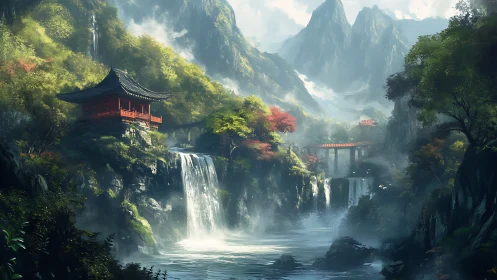 Misty mountain temple overlooks cascading jade waterfalls