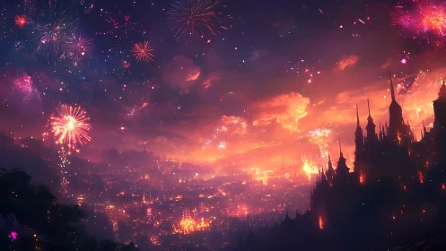 Twilight citadel skyline under radiant festival fireworks.