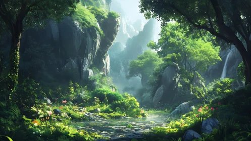 Luminous canyon sanctuary with verdant vegetation and cascading waterfall
