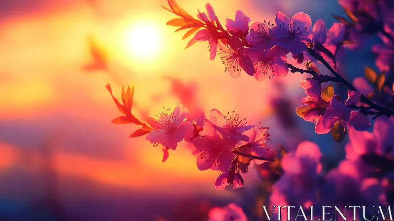 Sunlit cherry blossoms glowing in dreamy evening color.