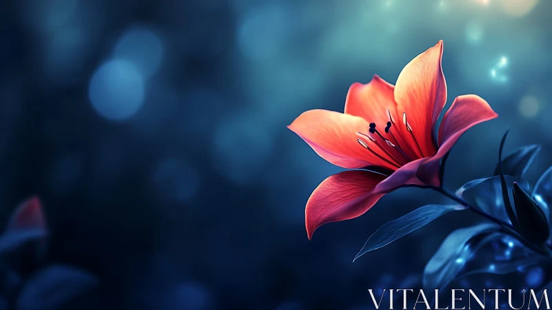 Vibrant Red Flower Blooms Against Deep Blue Bokeh Background.