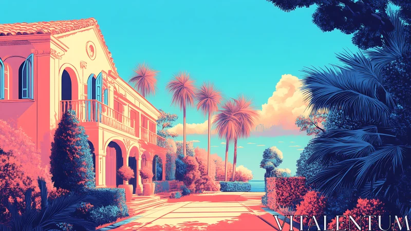 Sunlit Mediterranean villa in neon tropical palette.