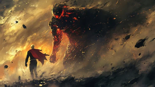 Lone caped hero confronts colossal molten shadow titan.