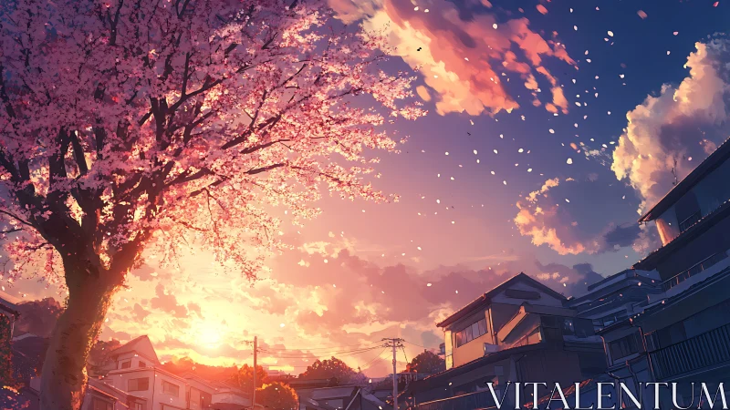 Sunset-illuminated cherry tree over residential rooftops panorama.