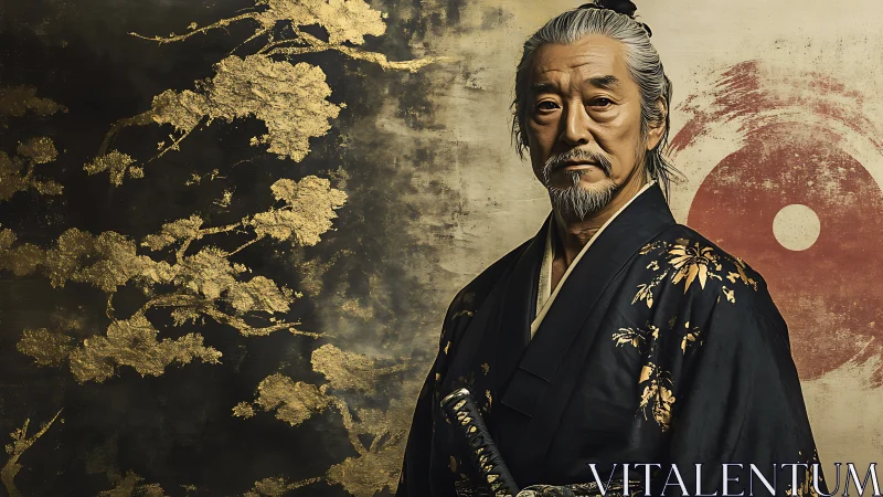 Elderly man in kimono stands before stylized gold and red panels