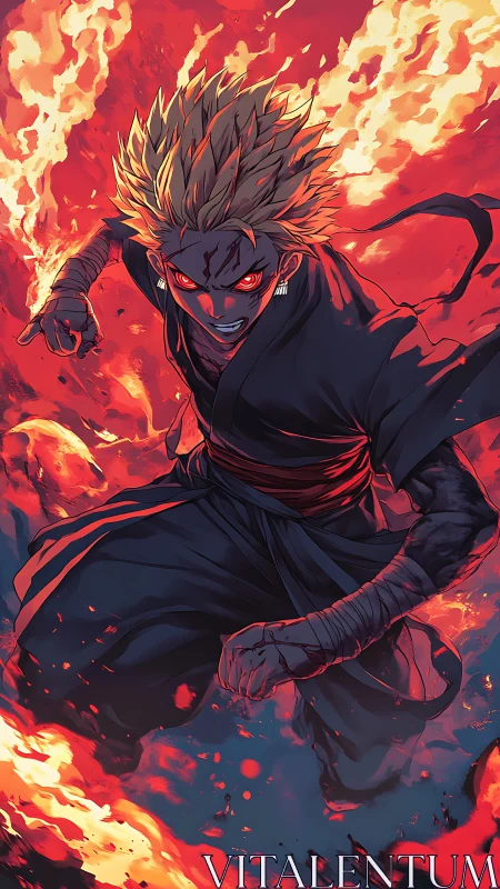 Fiery anime warrior charges forward through blazing chaos
