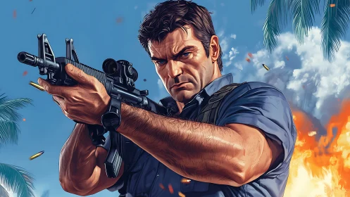 Battle-hardened soldier aims rifle amid tropical explosion.