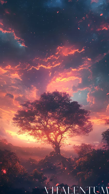 Solarborn world tree crowned by emberlit cosmic dusk.