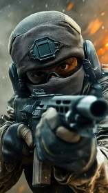 Masked tactical soldier aims rifle amid urban firefight