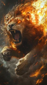 Flaming lion erupts from smoke with fierce, untamed power