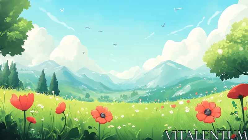 Sunny poppy valley dreaming beneath wide blue mountain skies.