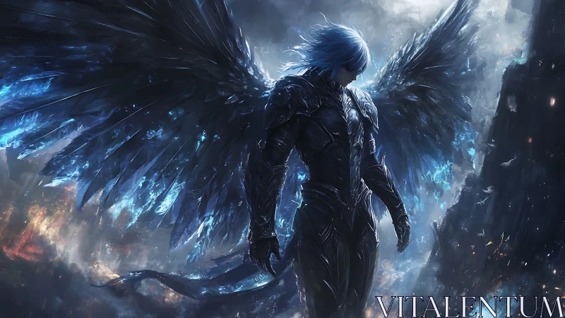 Armored winged entity framed by luminous blue particle plumes