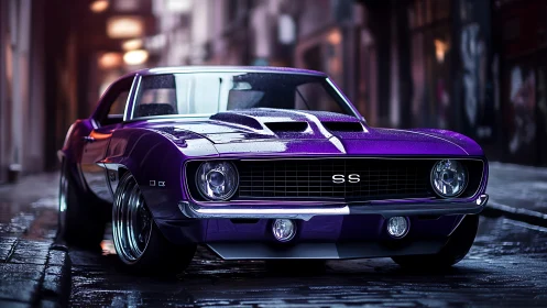 Purple muscle car with wet-body reflections in cinematic alley lighting