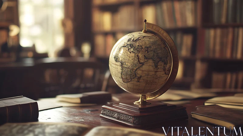 Vintage world globe illuminated in warm library light.