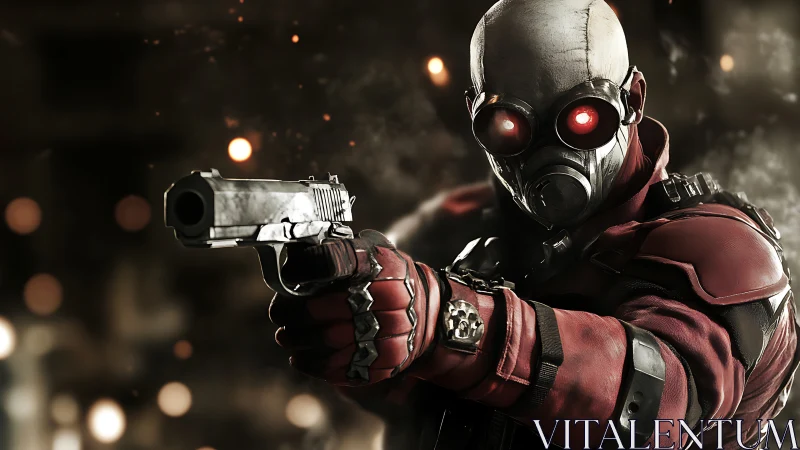 Ballistic marksman in armored respirator aiming semi-auto pistol.