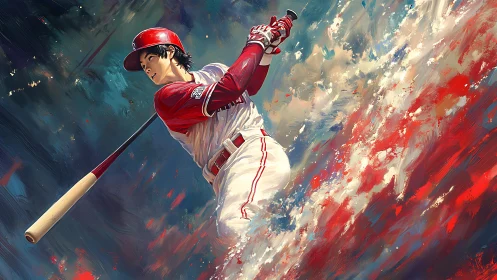 Dynamic baseball swing framed in bold, swirling colors.