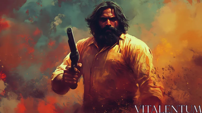 Storm-lit gunslinger strides through ember stained chaos.