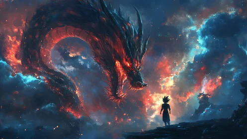 Skyfire dragon coils above lone warrior in stormlit cosmos.