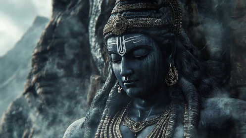 Serene stone deity rests within misty mountain silence.