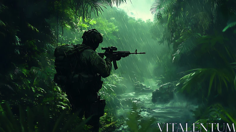 Lone soldier advances through rain-soaked jungle ravine