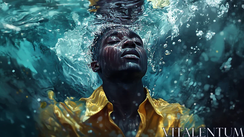 Photorealistic submerged portrait with dramatic water refraction.