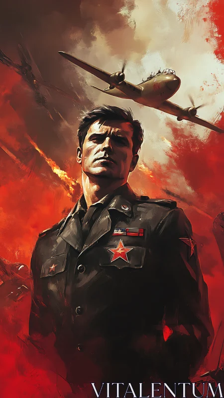 Military officer portrait under bomber aircraft in flames.